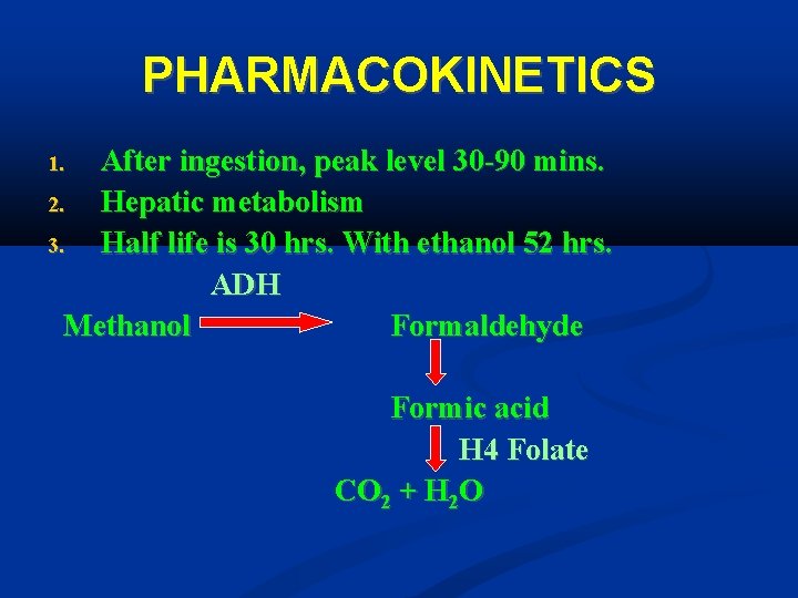 PHARMACOKINETICS After ingestion, peak level 30 -90 mins. 2. Hepatic metabolism 3. Half life