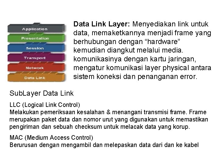 Data Link Layer: Menyediakan link untuk data, memaketkannya menjadi frame yang berhubungan dengan “hardware”
