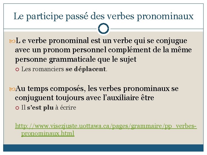 Le participe passé des verbes pronominaux L e verbe pronominal est un verbe qui