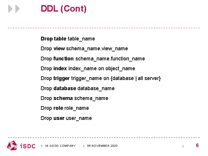DDL (Cont) Drop table_name Drop view schema_name. view_name Drop function schema_name. function_name Drop index_name