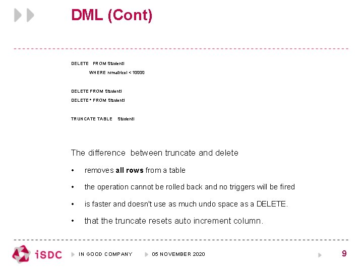 DML (Cont) DELETE FROM Studenti WHERE nrmatricol < 10000 DELETE FROM Studenti DELETE *