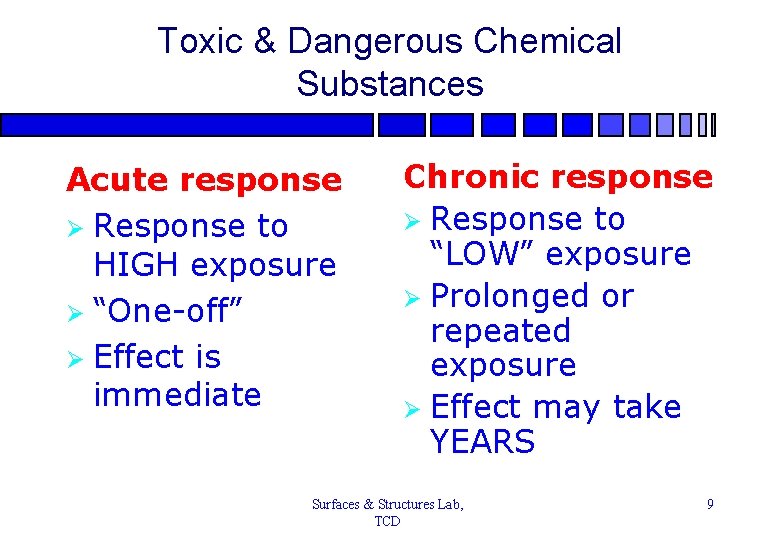 Toxic & Dangerous Chemical Substances Acute response Ø Response to HIGH exposure Ø “One-off”