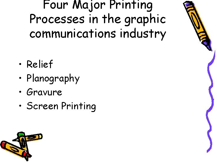 Four Major Printing Processes in the graphic communications industry • • Relief Planography Gravure