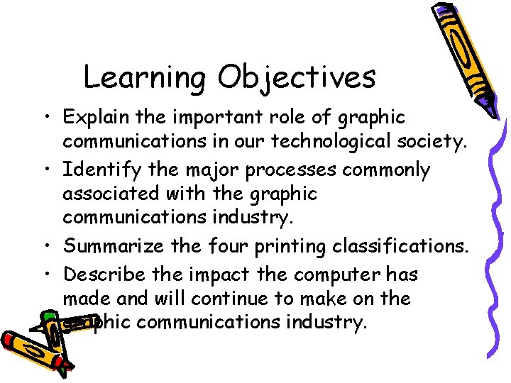 Learning Objectives • Explain the important role of graphic communications in our technological society.