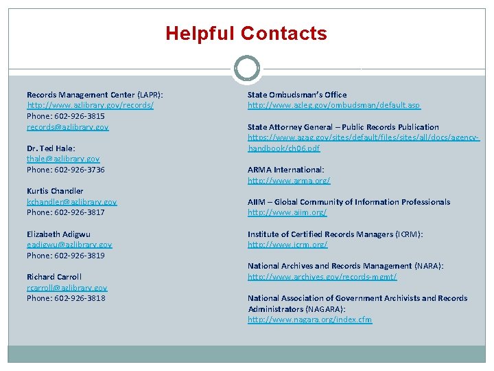 Helpful Contacts Records Management Center (LAPR): http: //www. azlibrary. gov/records/ Phone: 602 -926 -3815