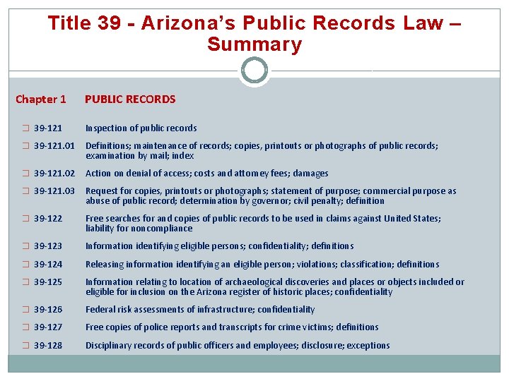 Title 39 - Arizona’s Public Records Law – Summary Chapter 1 PUBLIC RECORDS �