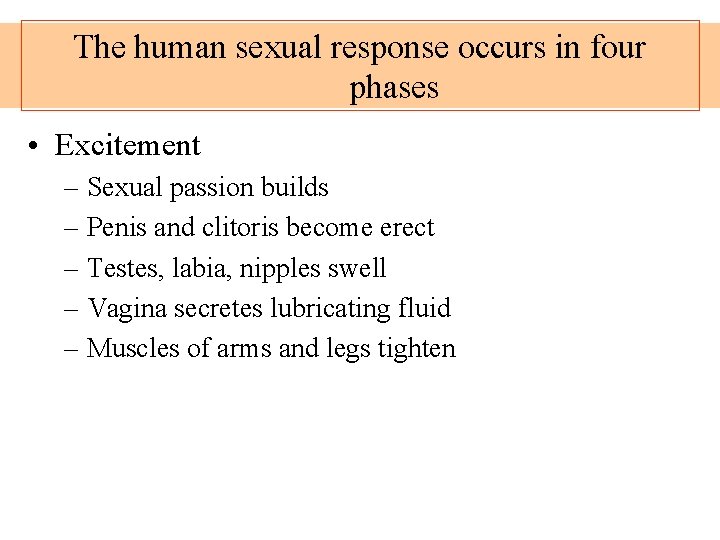 The human sexual response occurs in four phases • Excitement – Sexual passion builds