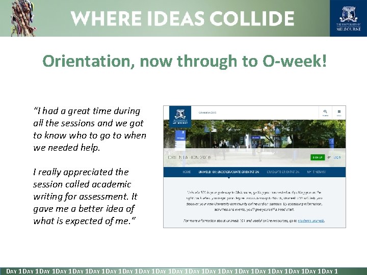 Orientation, now through to O-week! “I had a great time during all the sessions