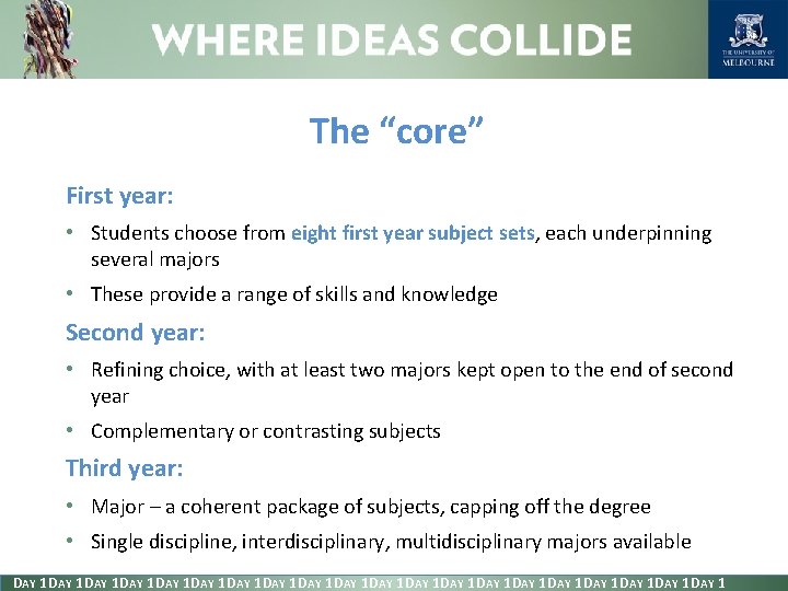 The “core” First year: • Students choose from eight first year subject sets, each