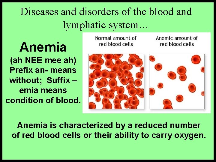 Diseases and disorders of the blood and lymphatic system… Anemia (ah NEE mee ah)