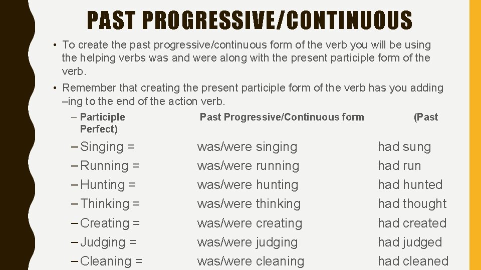 PAST PROGRESSIVE/CONTINUOUS • To create the past progressive/continuous form of the verb you will