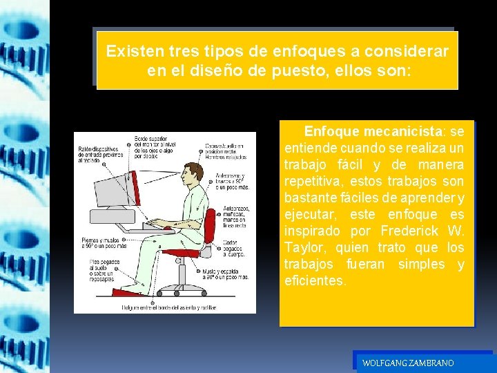 Existen tres tipos de enfoques a considerar en el diseño de puesto, ellos son: