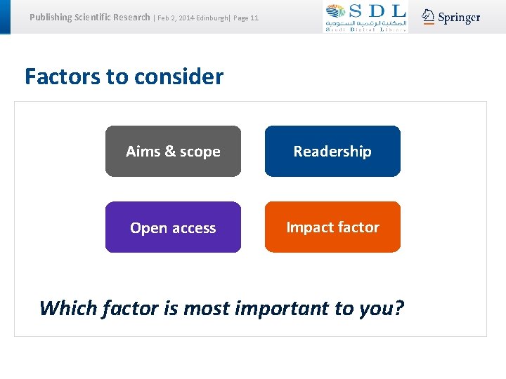 Publishing Scientific Research | Feb 2, 2014 Edinburgh| Page 11 Factors to consider Aims