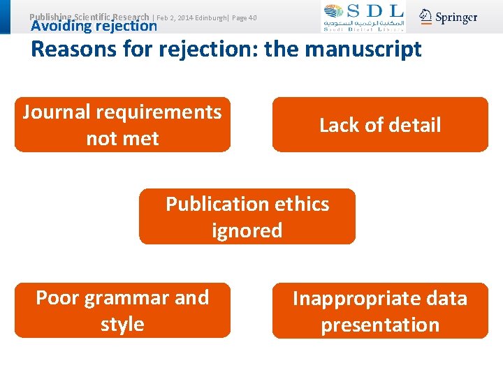 Publishing Scientific Research | Feb 2, 2014 Edinburgh| Page 40 Avoiding rejection Customer Servicefor