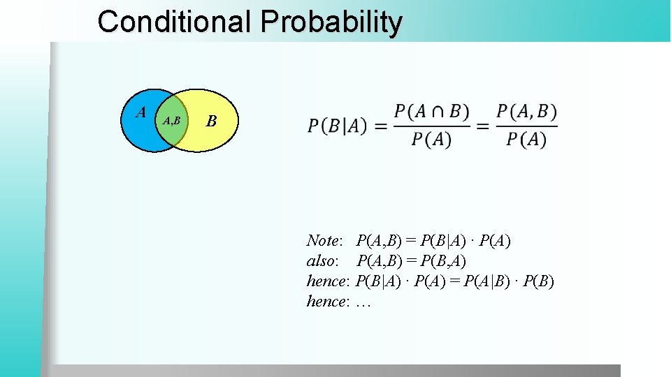 Conditional Probability A A, B B Note: P(A, B) = P(B|A) · P(A) also: