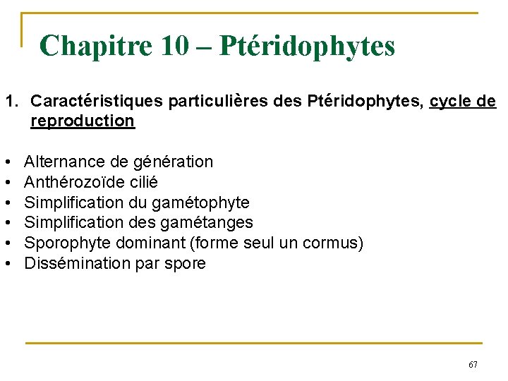 Chapitre 10 – Ptéridophytes 1. Caractéristiques particulières des Ptéridophytes, cycle de reproduction • •