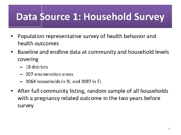 Data Source 1: Household Survey • Population representative survey of health behavior and health