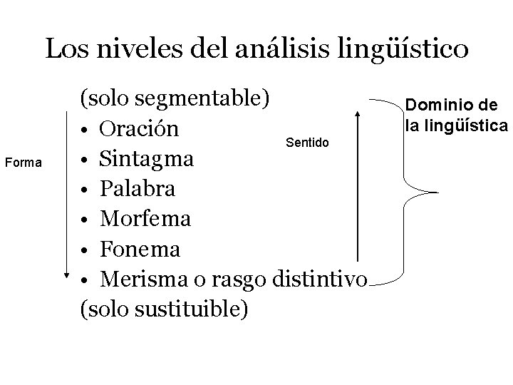 Los niveles del análisis lingüístico Forma (solo segmentable) • Oración Sentido • Sintagma •