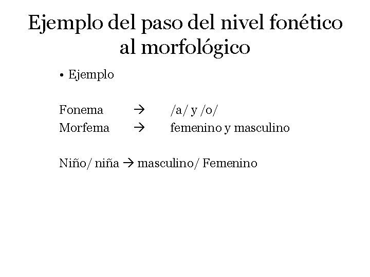 Ejemplo del paso del nivel fonético al morfológico • Ejemplo Fonema Morfema /a/ y