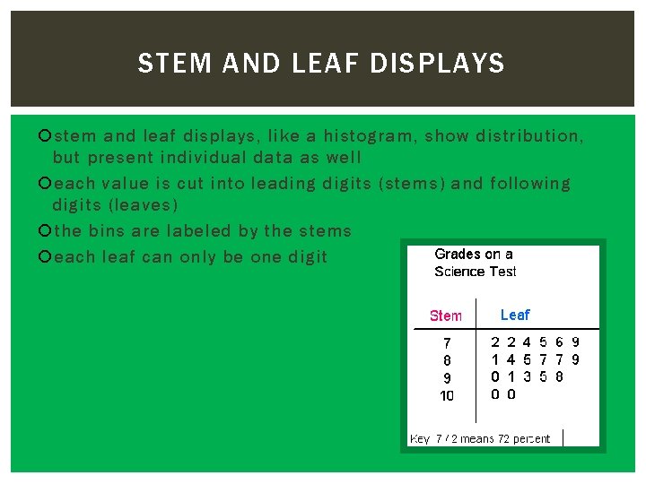 STEM AND LEAF DISPLAYS stem and leaf displays, like a histogram, show distribution, but