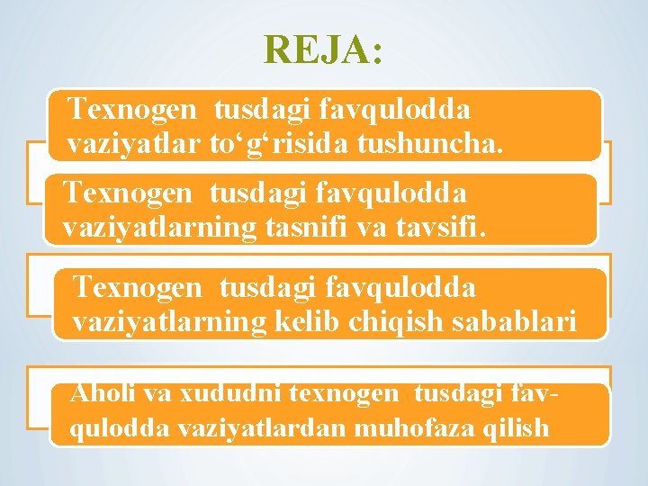 REJA: Texnogen tusdagi favqulodda vaziyatlar to‘g‘risida tushuncha. Texnogen tusdagi favqulodda vaziyatlarning tasnifi va tavsifi.