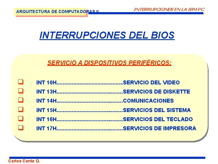 ARQUITECTURA DE COMPUTADORAS II INTERRUPCIONES EN LA IBM PC INTERRUPCIONES DEL BIOS SERVICIO A
