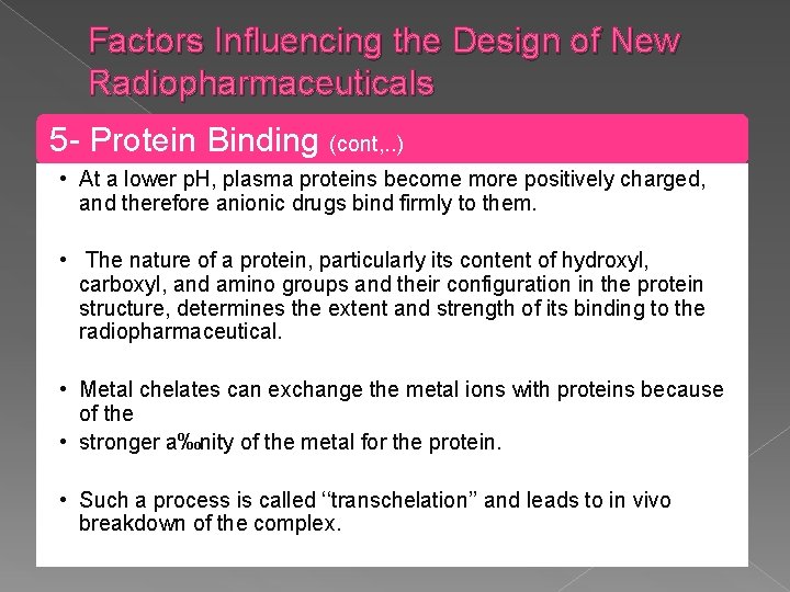 Factors Influencing the Design of New Radiopharmaceuticals 5 - Protein Binding (cont, . .