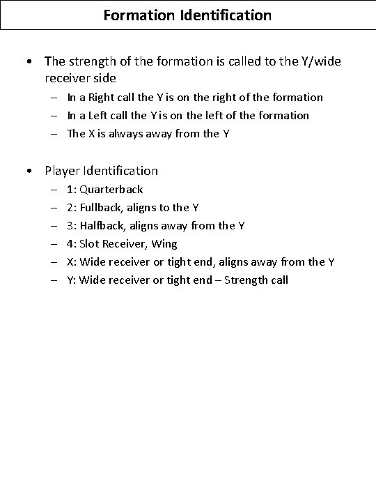 Formation Identification • The strength of the formation is called to the Y/wide receiver