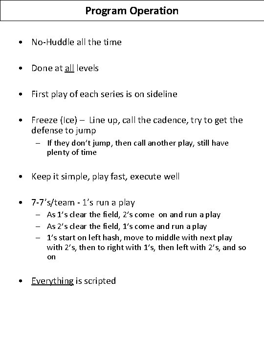 Program Operation • No-Huddle all the time • Done at all levels • First