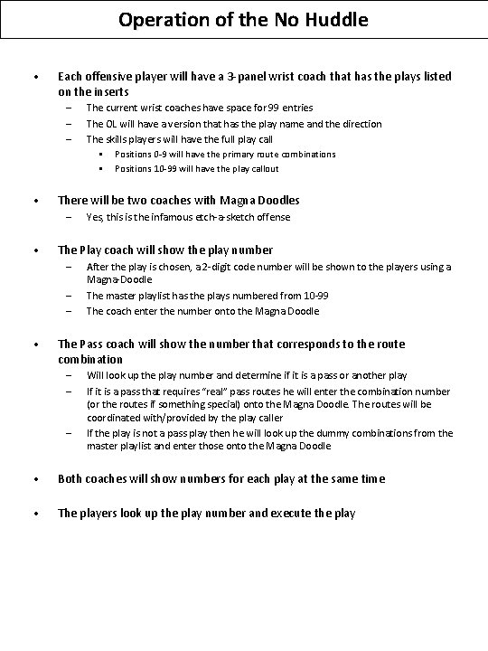 Operation of the No Huddle • Each offensive player will have a 3 -panel