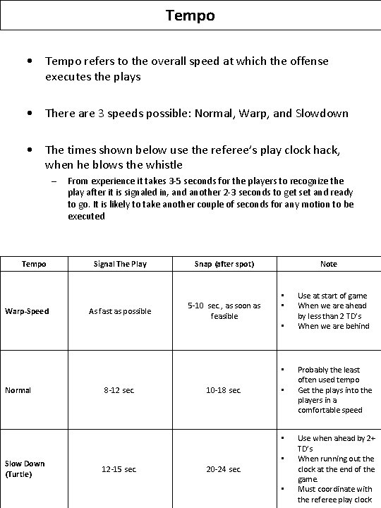 Tempo • Tempo refers to the overall speed at which the offense executes the