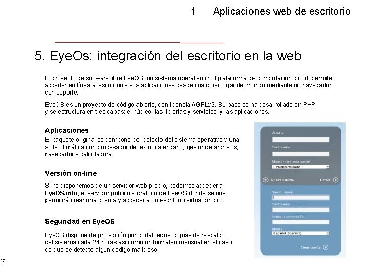 17 1 Aplicaciones web de escritorio 5. Eye. Os: integración del escritorio en la
