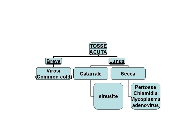 TOSSE ACUTA Breve Virosi (Common cold) Lunga Catarrale sinusite Secca Pertosse Chlamidia Mycoplasma adenovirus