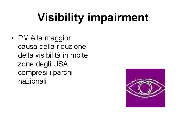 Visibility impairment • PM è la maggior causa della riduzione della visibilità in molte