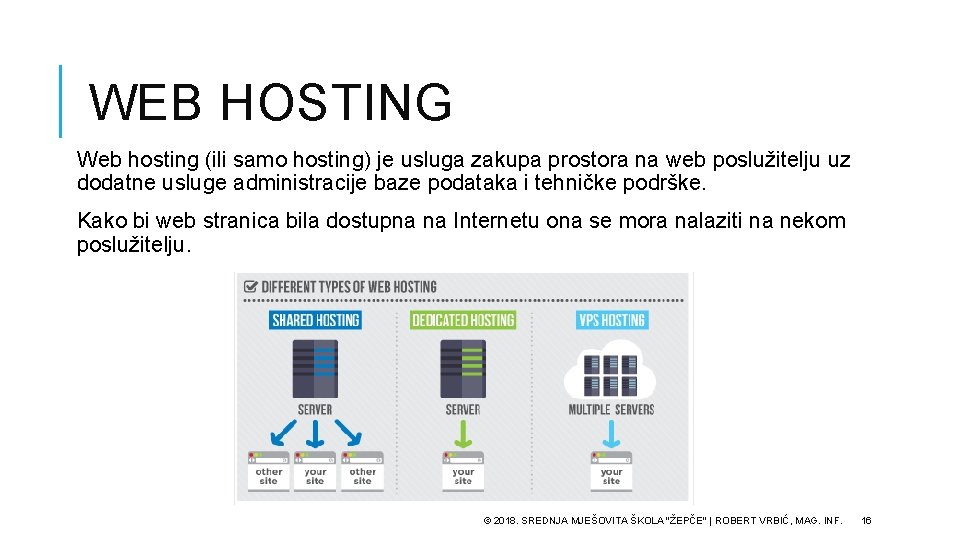 WEB HOSTING Web hosting (ili samo hosting) je usluga zakupa prostora na web poslužitelju