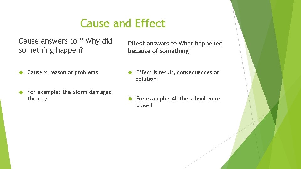Cause and Effect Cause answers to “ Why did something happen? Effect answers to