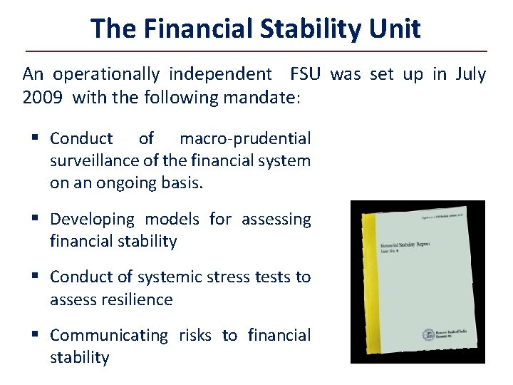The Financial Stability Unit An operationally independent FSU was set up in July 2009