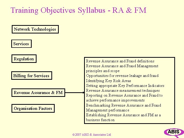 Training Objectives Syllabus - RA & FM Network Technologies Services Regulation Billing for Services