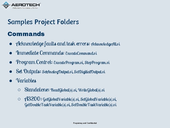 Samples Project Folders Commands ● Acknowledge faults and task errors: Acknowledge. All. vi ●