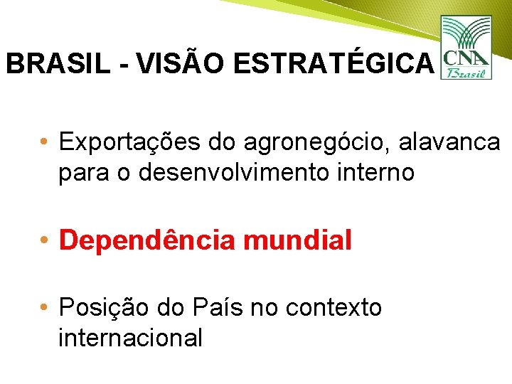 BRASIL - VISÃO ESTRATÉGICA • Exportações do agronegócio, alavanca para o desenvolvimento interno •