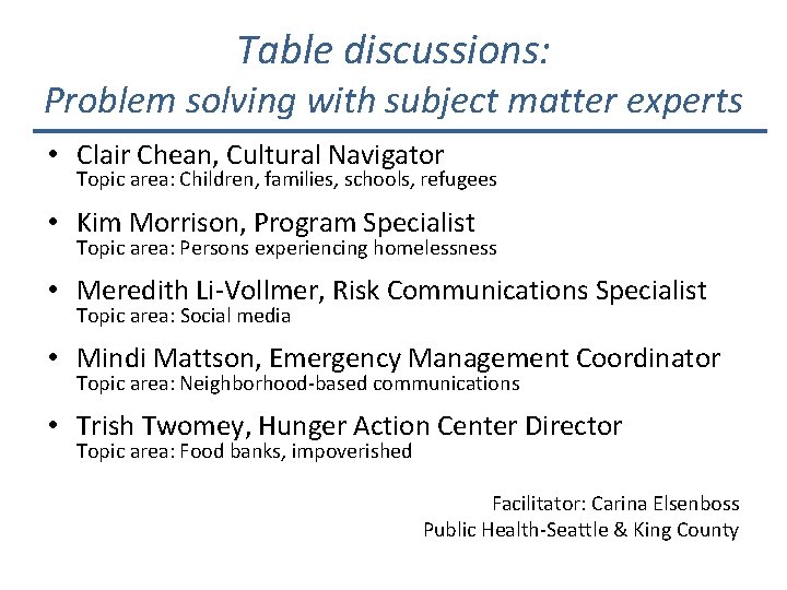 Table discussions: Problem solving with subject matter experts • Clair Chean, Cultural Navigator Topic