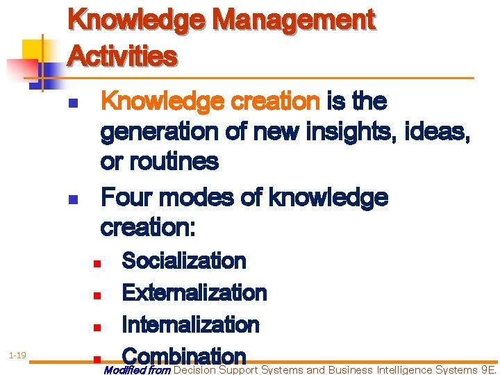 Knowledge Management Activities n n Knowledge creation is the generation of new insights, ideas,