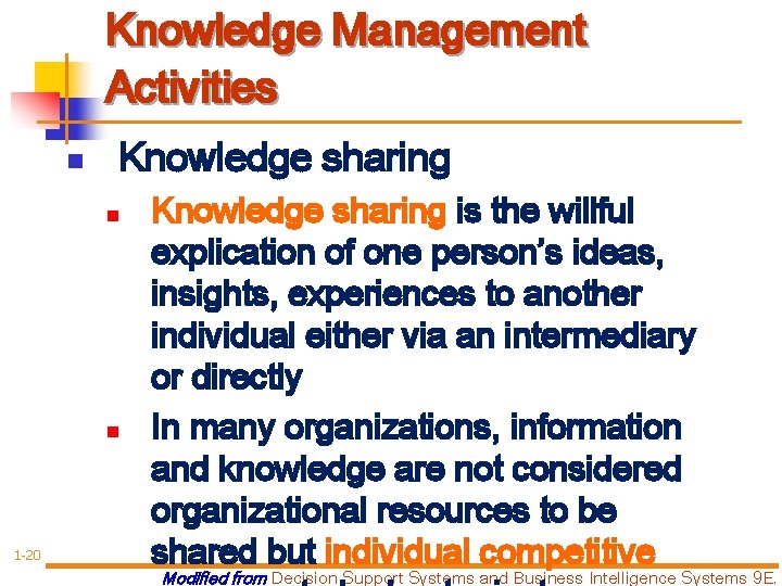 Knowledge Management Activities n Knowledge sharing n n 1 -20 Knowledge sharing is the