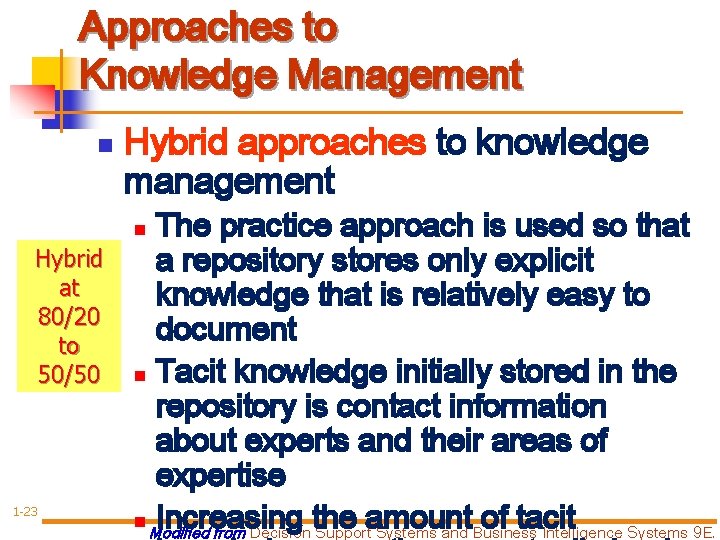Approaches to Knowledge Management n Hybrid approaches to knowledge management The practice approach is