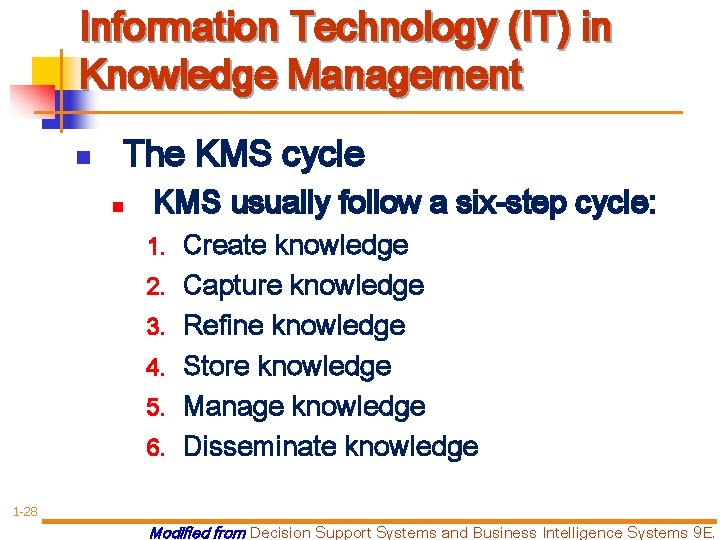 Information Technology (IT) in Knowledge Management n The KMS cycle n KMS usually follow