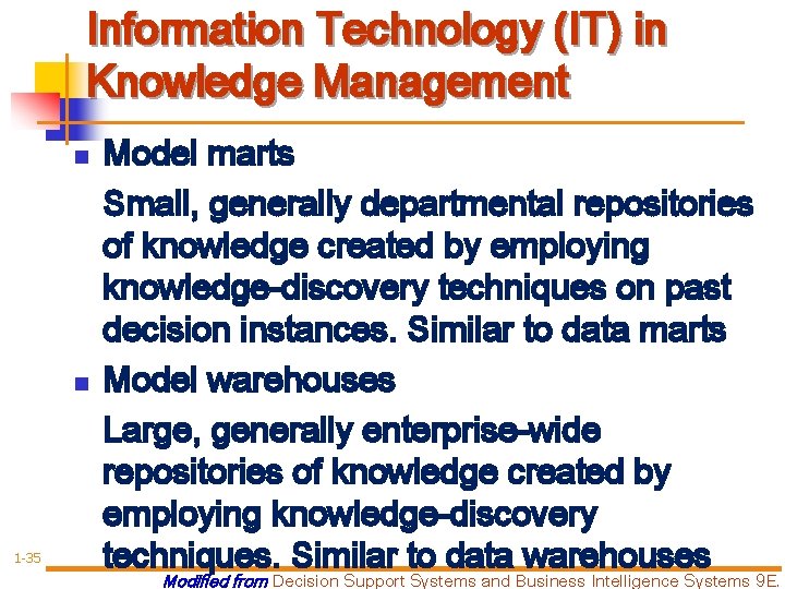 Information Technology (IT) in Knowledge Management n n 1 -35 Model marts Small, generally