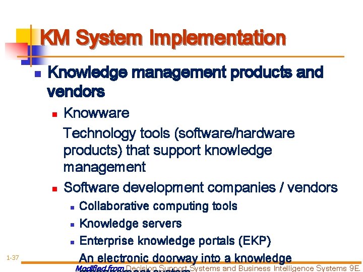 KM System Implementation n Knowledge management products and vendors n n Knowware Technology tools