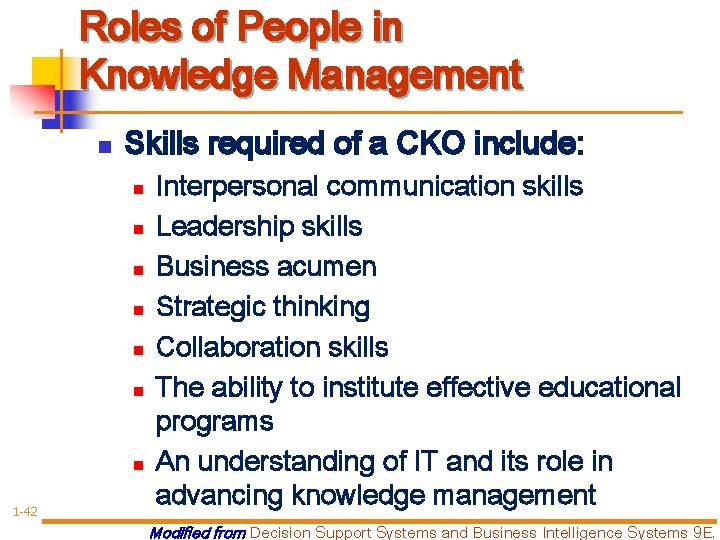 Roles of People in Knowledge Management n Skills required of a CKO include: n