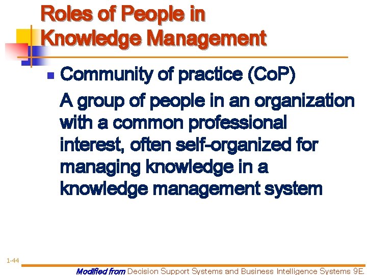 Roles of People in Knowledge Management n Community of practice (Co. P) A group