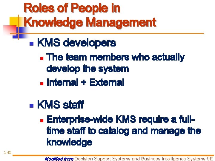 Roles of People in Knowledge Management n KMS developers The team members who actually